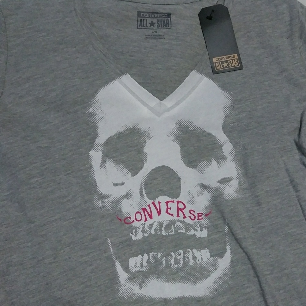 NWT Converse Skull Pink Mustache V-Neck T-Shirt - Picture 2 of 4